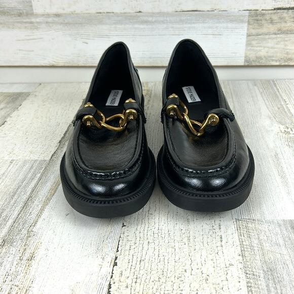 Steve Madden Women’s 11 Black Leather Karmine Gold Buckle Chunky Loafers NEW - Picture 3 of 9